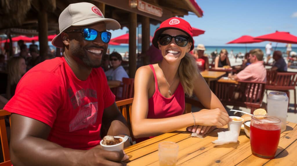 How to Invest in Tropical Real Estate - many palm trees on island beach, black man a white woman sitting at wooden table outside smiling, in sunshine, resort, island restaurant