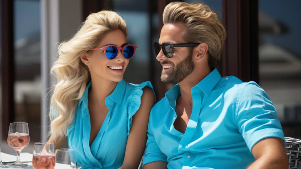 How to Invest in Tropical Real Estate - many palm trees on island beach, attractive couple, both wearing blue tops, blonde man with beard, blonde woman, wine glasses on table, sitting outside, sunshine, wearing sunglasses