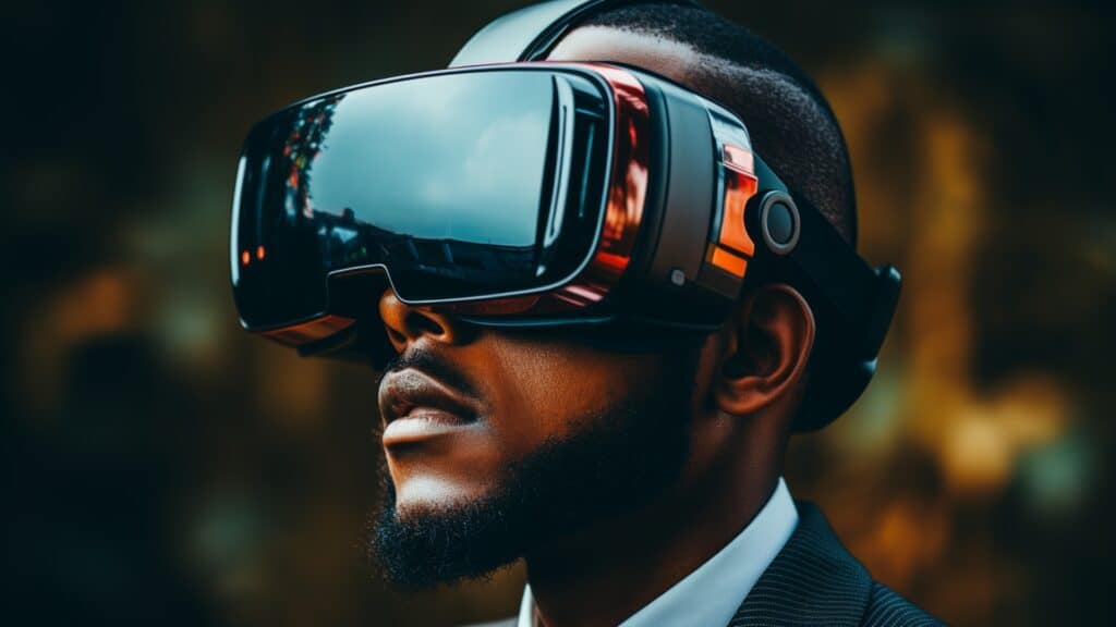 How Apple Vision Pro Could Revolutionize the Real Estate Industry - black man wearing business suit, standing outside wearing AR VR headset