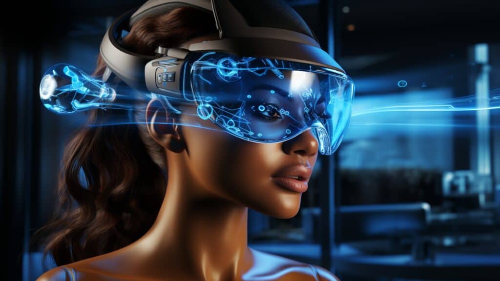 How Apple Vision Pro Could Revolutionize the Real Estate Industry - woman wearing blue virtual VR AR headset facing to right