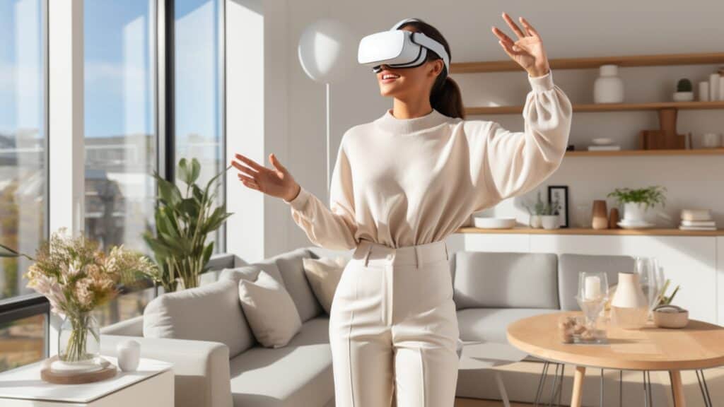 How Apple Vision Pro Could Revolutionize the Real Estate Industry - woman standing in the middle of living room wearing AR VR headset with hands waving in the air