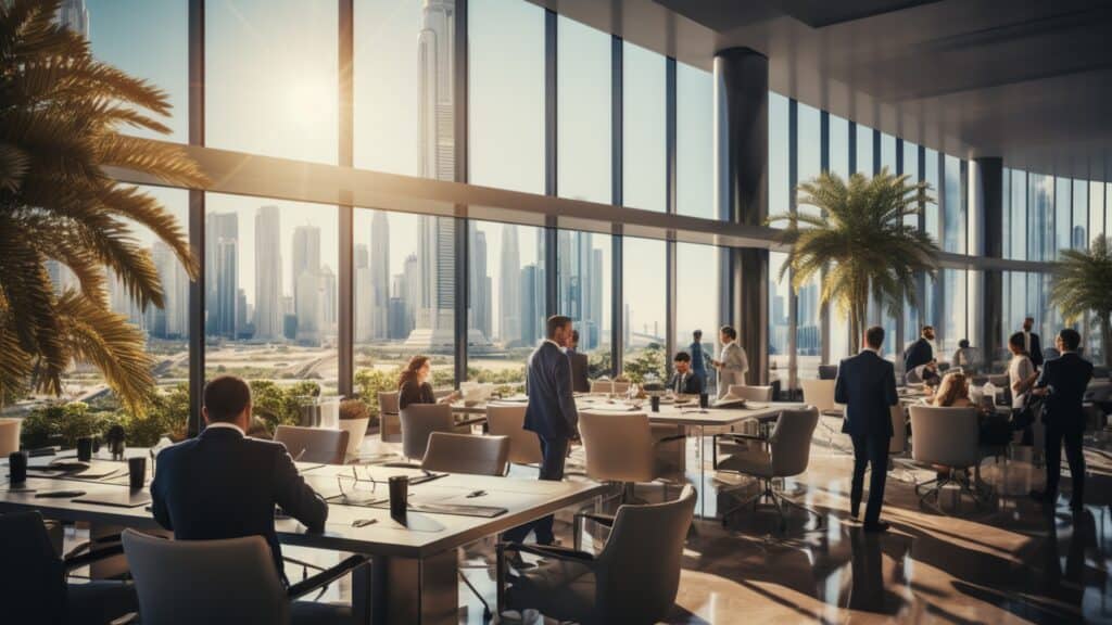 How Apple Vision Pro Could Revolutionize the Real Estate Industry - large business office filled with people, large picture windows, sunlight coming through windows