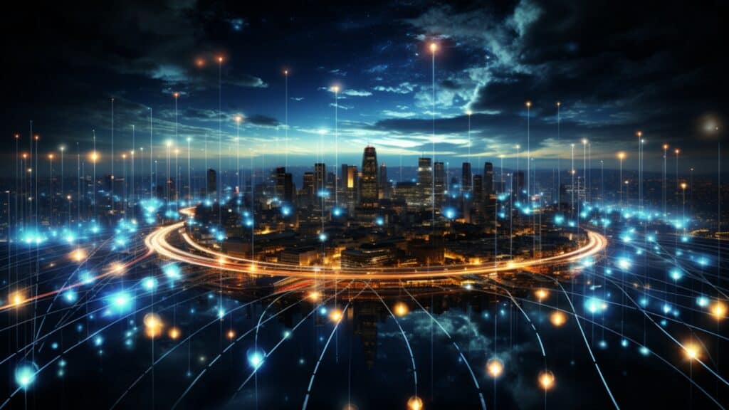 How Apple Vision Pro Could Revolutionize the Real Estate Industry - virtual city at night surrounded by streaming lights