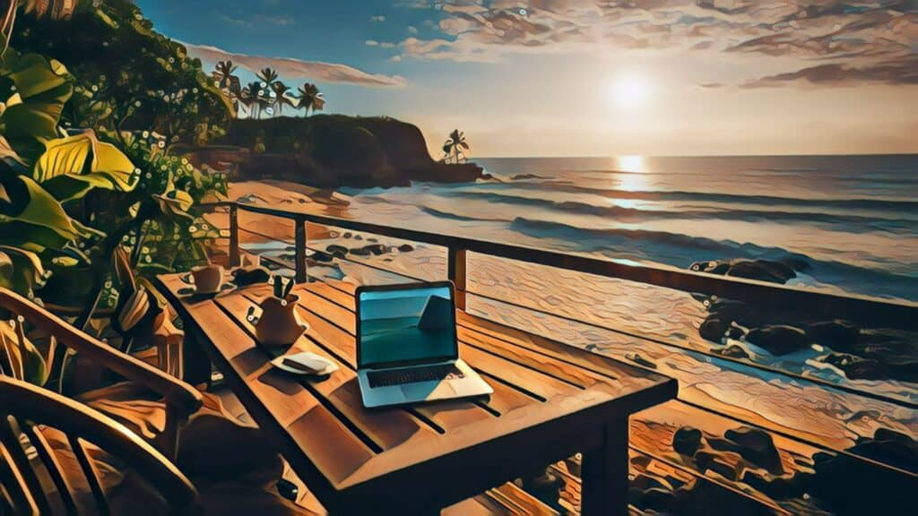 Commercial Real Estate Financial Crisis (Post Pandemic 2023 Market Statistics and Future Analysis) - Statistia remote work computer on outside table at the beach during sunrise