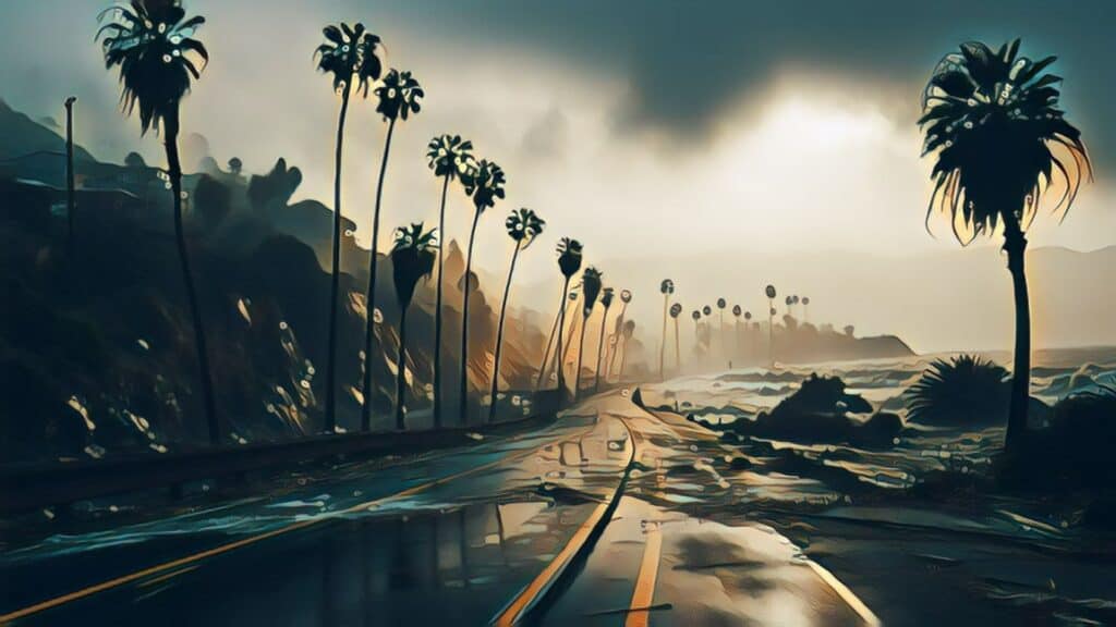 Hurricane Hilary Threatens Southern California's Real Estate, damaged road, palm trees, Pacific Coast Highway (PCH), high tides