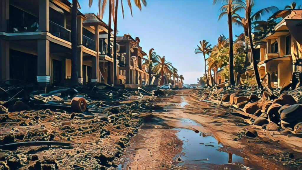 Maui Unites Against Predatory Property Investors, Maui wildfire aftermath, flooded streets, burned-out homes, destruction, destroyed homes, trash in streets