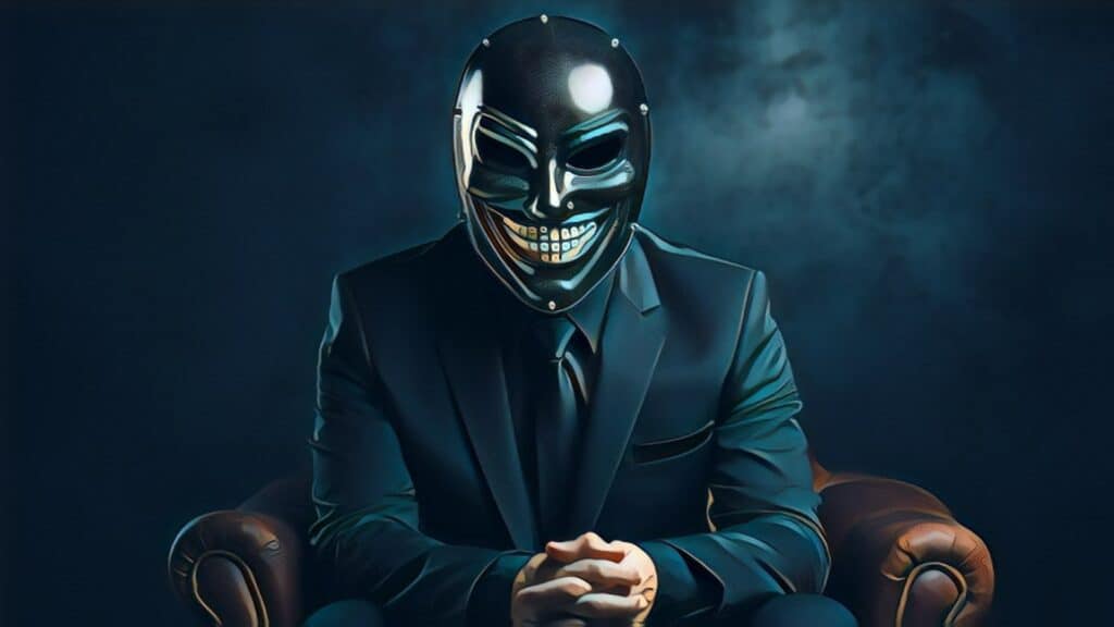 Maui Unites Against Predatory Property Investors, shady masked real estate investor wearing an evil smiling mask and all black business suit sitting in brown leather chair