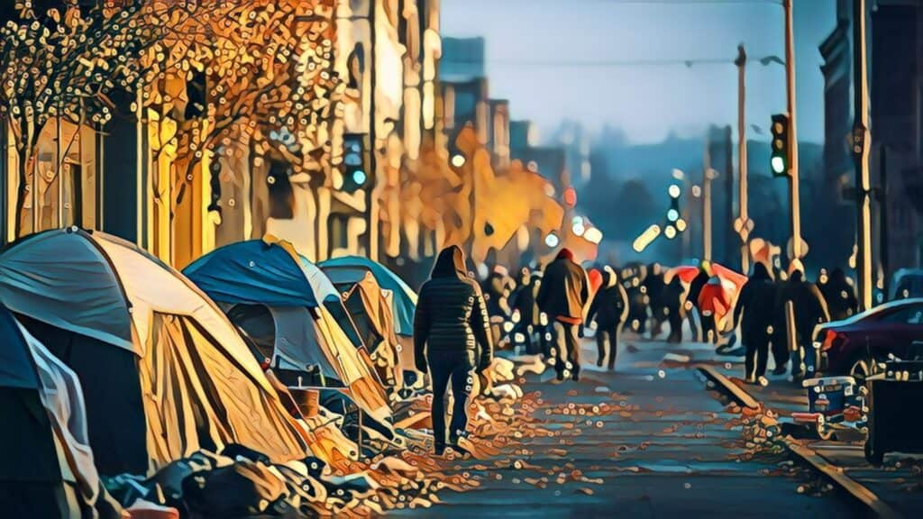 San Francisco's 'Doom Loop' (Commercial Vacancies Amid Pandemic Fallout) - homeless encampment in streets