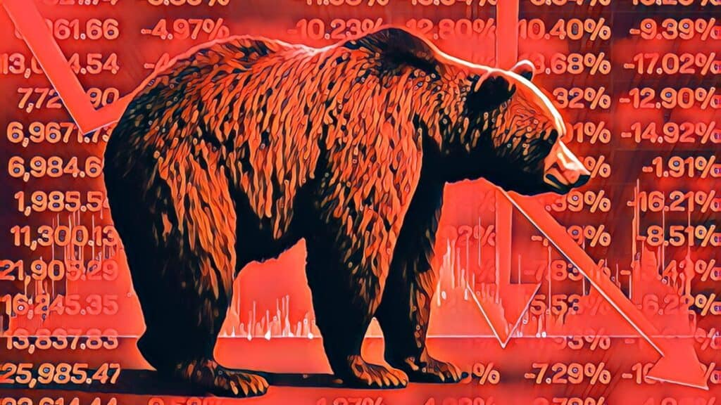 $94.5B Rampant U.S. Retail Theft (Real Estate Investing Fallout Imminent) - red grizzly bear symbolizing a "bear market" background graphic of downward red arrows and numbers