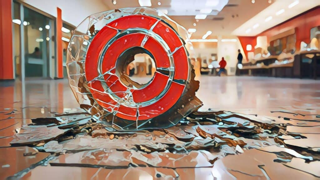 $94.5B Rampant U.S. Retail Theft (Real Estate Investing Fallout Imminent) - damaged Target retail store logo fallen onto retail floor, cracked flooring, damaged