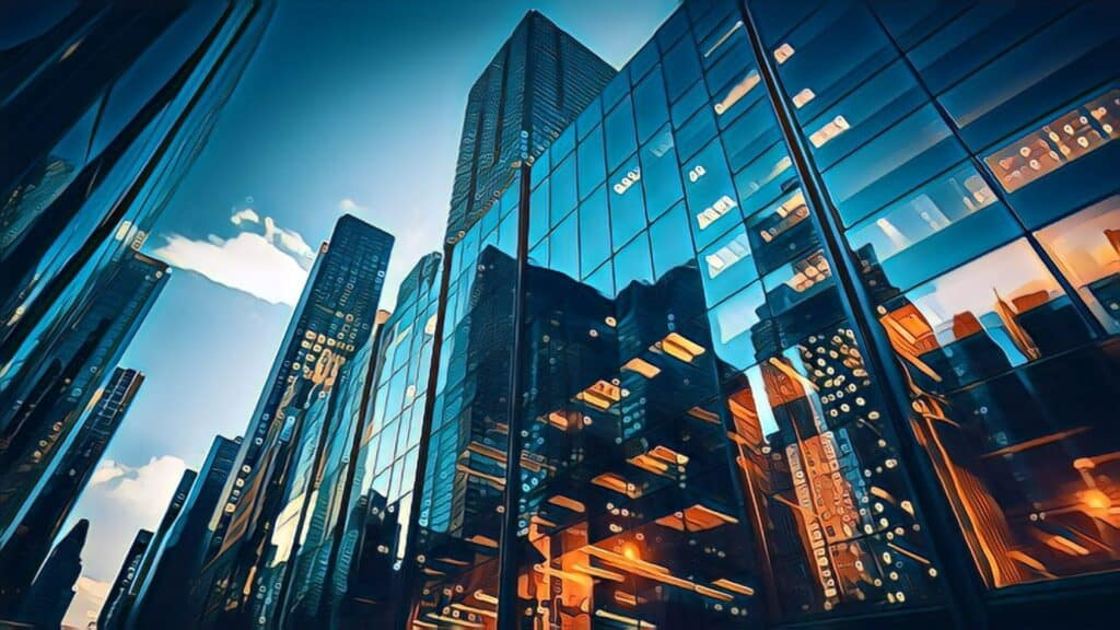 Commercial Real Estate Q3 2023 Market Outlook Statistics - commercial real estate glass at dusk