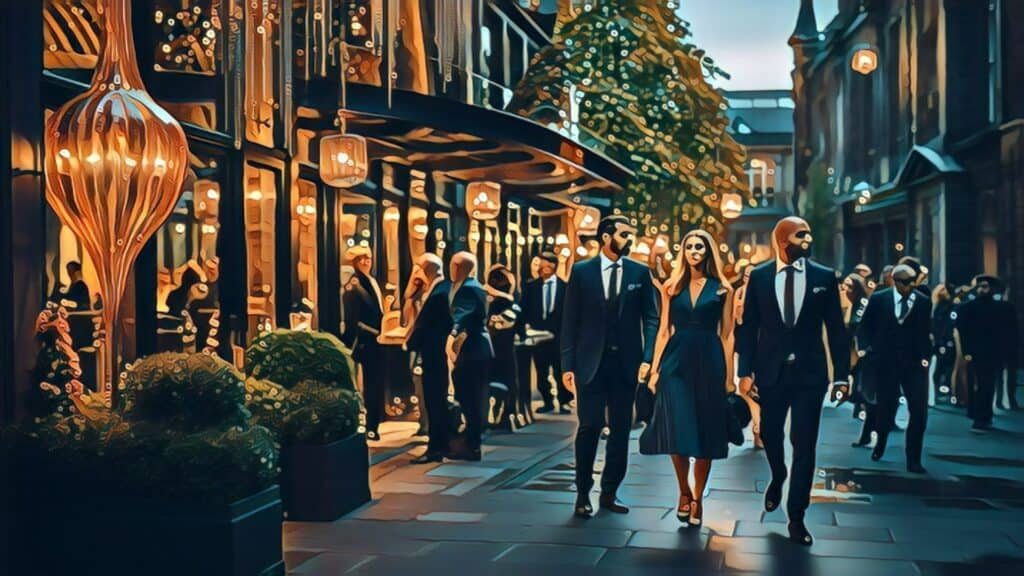 Commercial Real Estate Q3 2023 Market Outlook Statistics - luxury hotel exterior walkway, men, women, walking