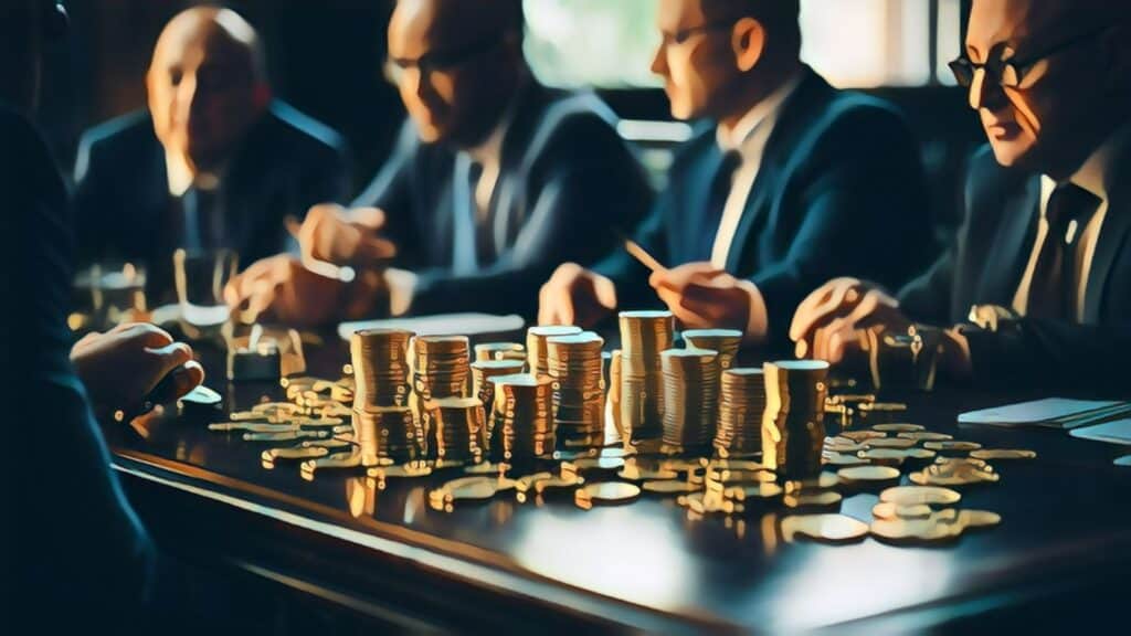 Powerball Lottery Dreams vs. Real Estate Reality (A Comparative Look into Wealth Creation) - businessmen sitting at a table with stacked gold coins stacked on table top