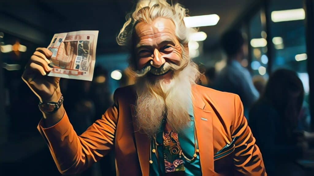Powerball Lottery Dreams vs. Real Estate Reality (A Comparative Look into Wealth Creation) - middle-aged man with white beard and handlebar mustache holding winning lottery ticket