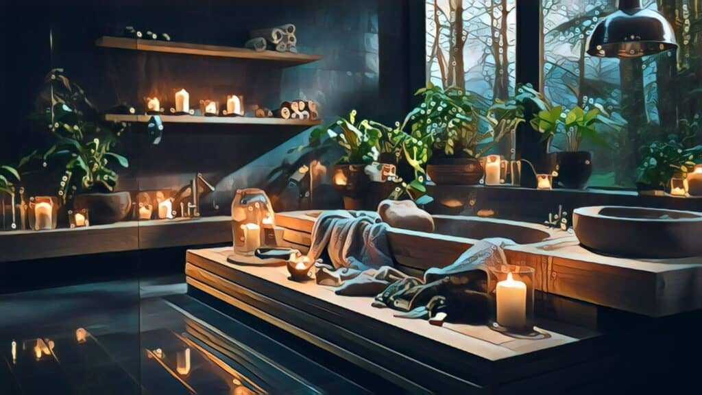 Powerball Lottery Dreams vs. Real Estate Reality (A Comparative Look into Wealth Creation) - spa room with candles, bath tub, green plants, soft lighting