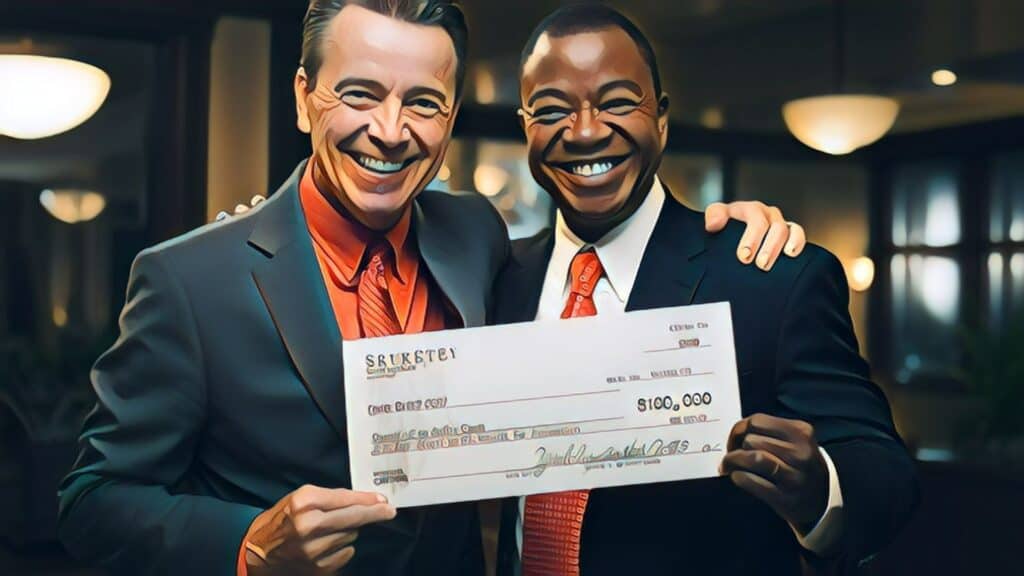 Powerball Lottery Dreams vs. Real Estate Reality (A Comparative Look into Wealth Creation) - white man and black man wearing business suits smiling and holding a sweepstakes check together