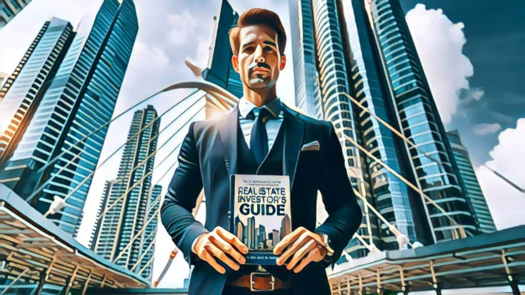 10-Year Real Estate Market Trends Analysis (2013-2023) - businessman standing holding a book titled: "Real Estate Investor's Guide"
