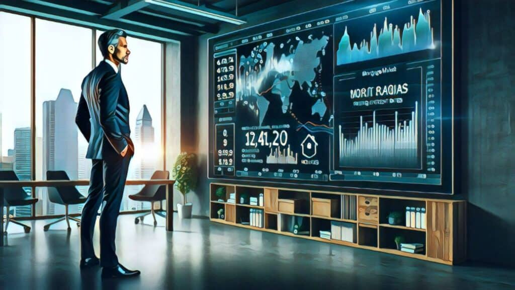 10-Year Real Estate Market Trends Analysis (2013-2023) - businessman standing looking at large wall-mounted monitor of analytics data