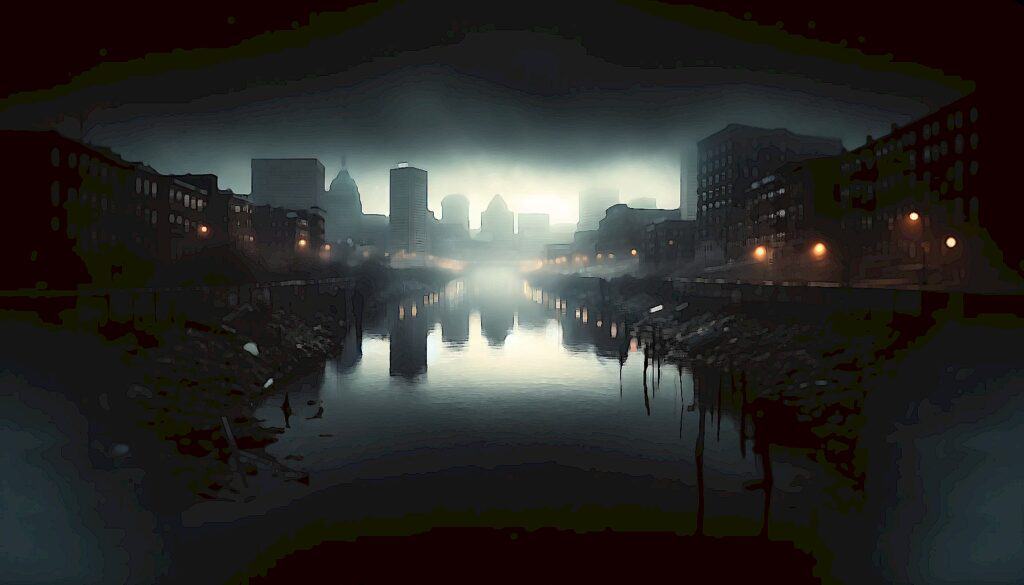 Catastrophe at Dawn (Baltimore Bridge Collapse Threatens Vital Lifeline) - Patapsco River at dawn after bridge collapse 2024