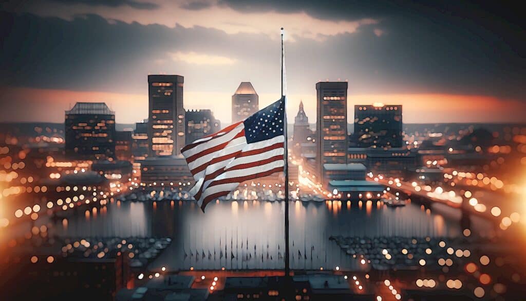 Catastrophe at Dawn (Baltimore Bridge Collapse Threatens Vital Lifeline) - Baltimore, Maryland skyline with United States flag at half-staff