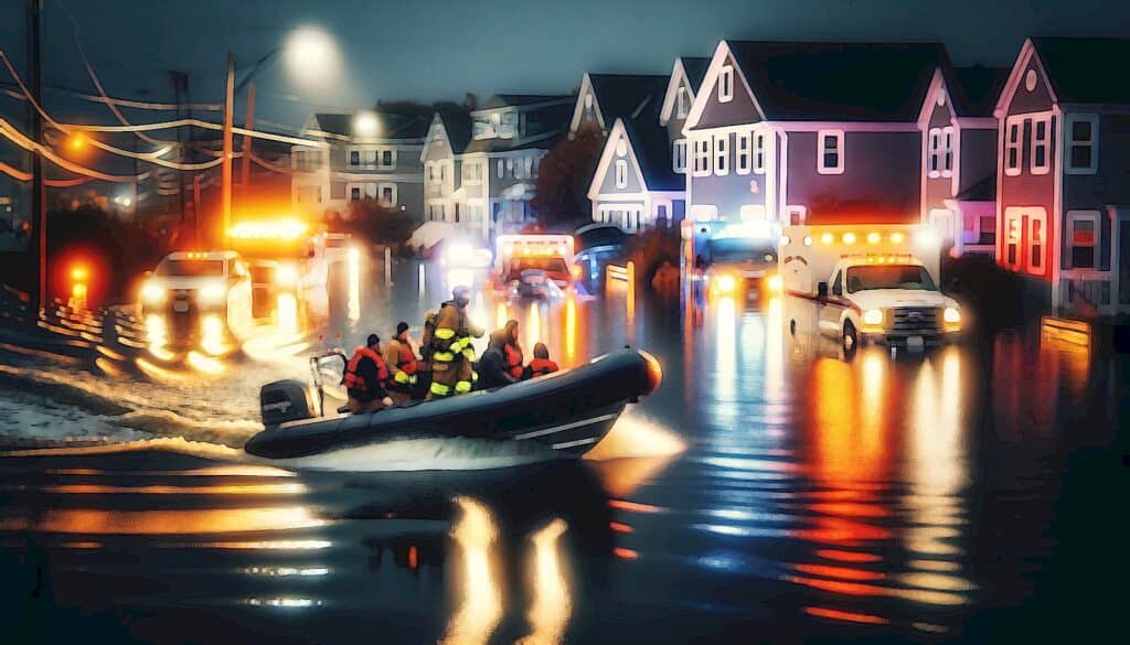 Nature's Fearful Fury (New Hampshire's Coastal Catastrophe Unfolds) - flood rescue boat fire department coast guard