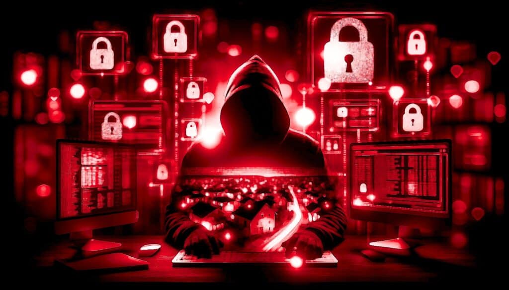 Rising Concerns Over Wire Fraud and Deep Fake Scams in Real Estate Transactions - real estate cyber criminal in red shrouded darkness