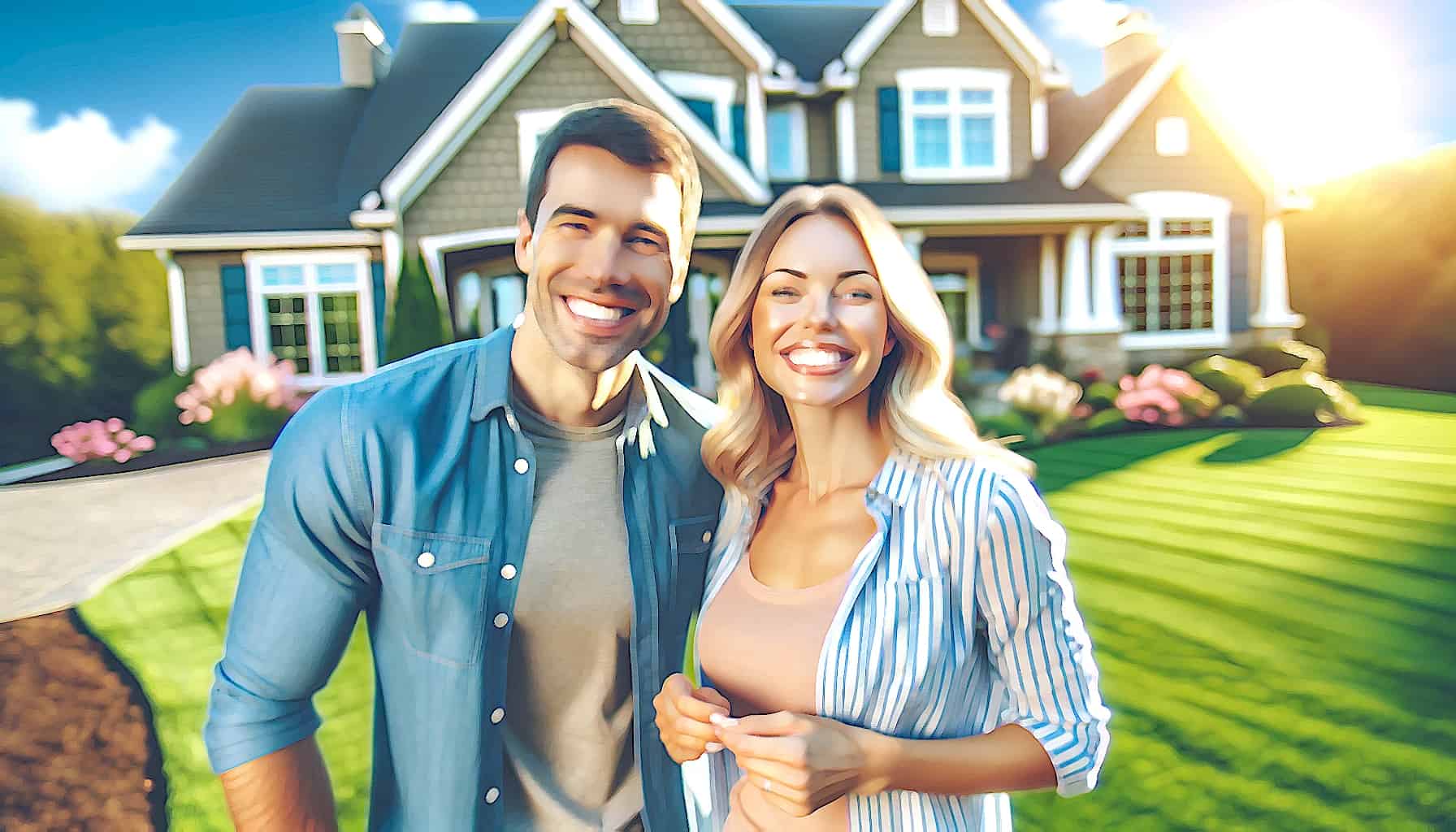 Spring Into Real Estate Investing (5 Fresh Strategies for Beginners to Get Started 2024) - happy smiling couple on residential home front lawn