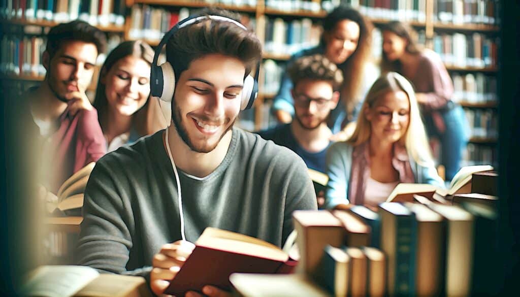 Spring Into Real Estate Investing (5 Fresh Strategies for Beginners to Get Started 2024) - young man studying in library wearing headphones and smiling