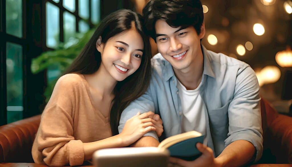 Real Estate Investing for Newbies (The United States Real Estate Investor Success Effect) - attractive Asian (Chinese, Japanese) couple reading book together