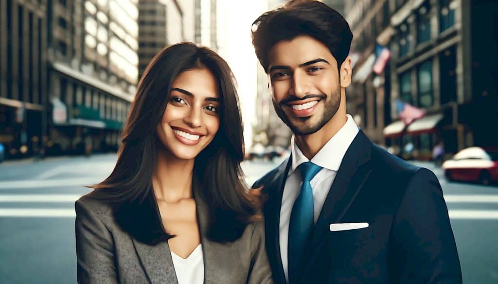 Real Estate Investing for Newbies (The United States Real Estate Investor Success Effect) - attractive Indian business couple busy city street