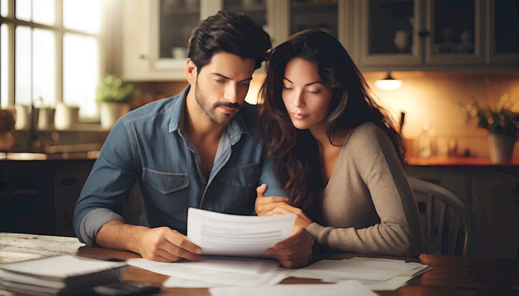 Real Estate Investing for Newbies (The United States Real Estate Investor Success Effect) - attractive Mexican couple reading documents together in home kitchen
