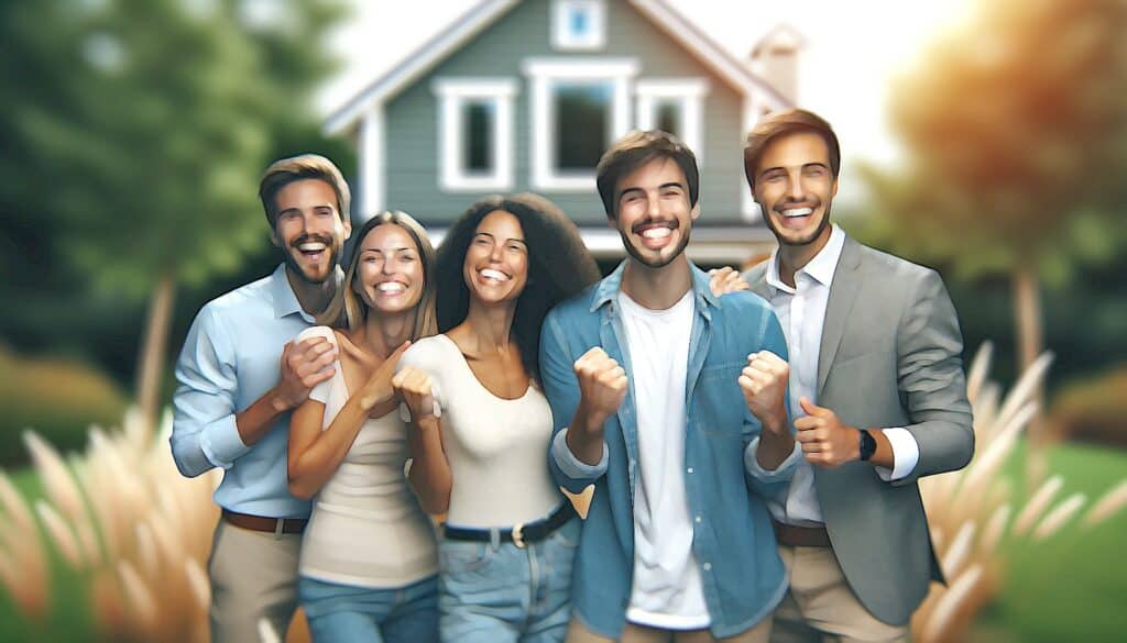 Real Estate Investing for Newbies (The United States Real Estate Investor Success Effect) - people standing on residential front lawn cheering