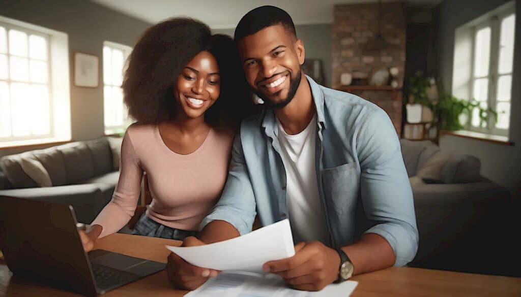 Real Estate Investing for Newbies (The United States Real Estate Investor Success Effect) - attractive married black couple looking over documents in home office