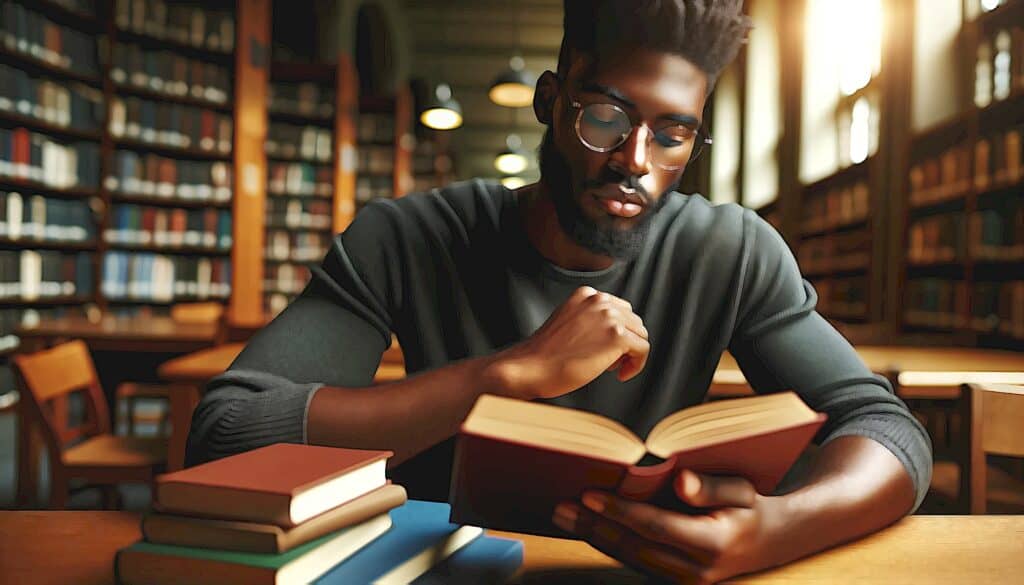 Real Estate Investing for Newbies (The United States Real Estate Investor Success Effect) - young black man reading in library