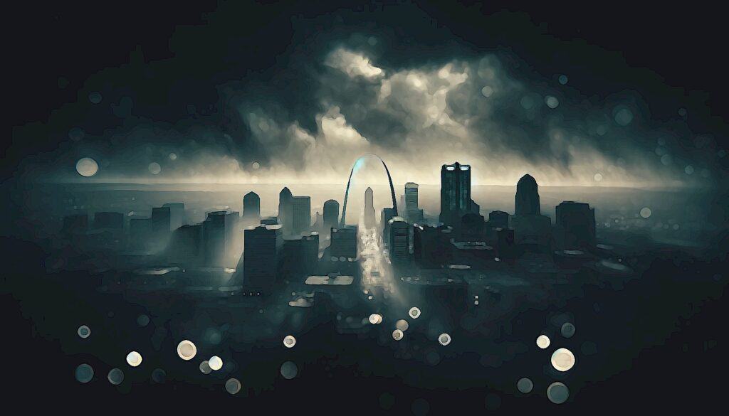 The New Doom Loop (St. Louis, Missouri Downtown Decline Drags On) - St Louis Missouri dystopian skyline with the St Louis Arch