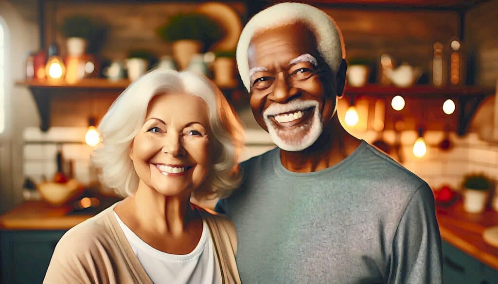 Boomer Boom! (Real Estate Investment Capitalization On Aging America) - an elderly black man and elderly white woman smiling as a happily married couple