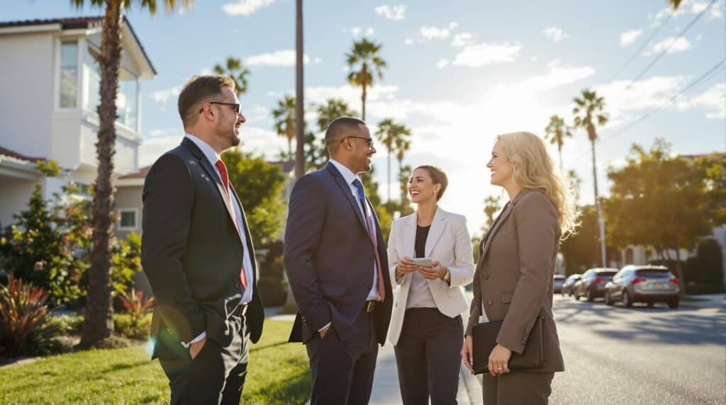 Why Savvy Investors Are Hunting for Properties Right After California’s Biggest Earthquakes - group of business people meeting on a California residential street