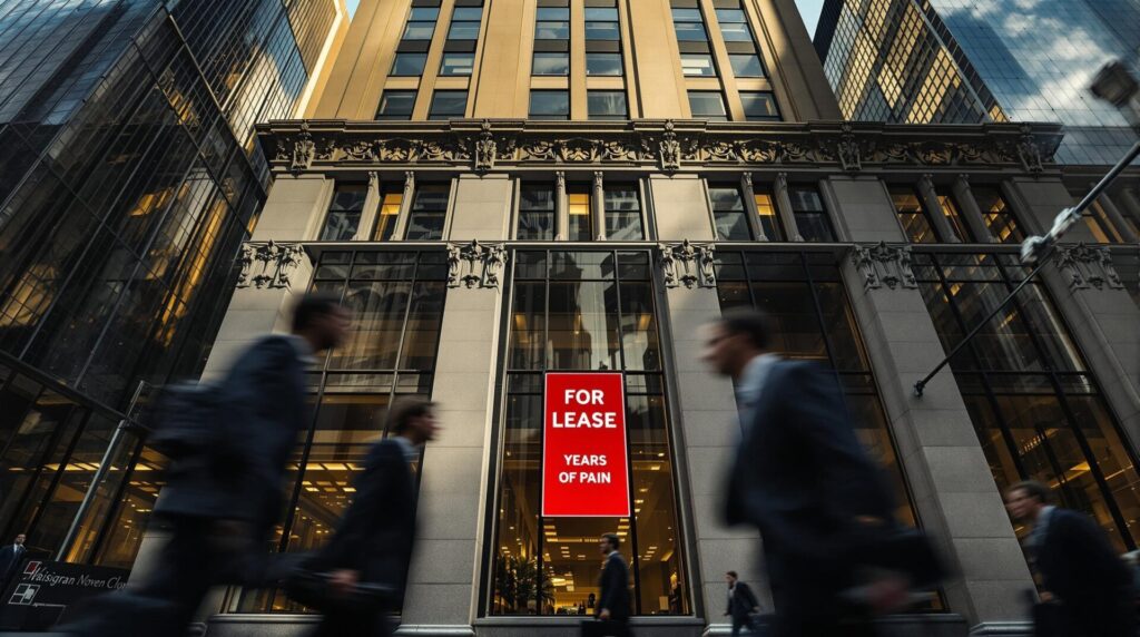 a busy metropolitan street of a large commercial office building in NYC