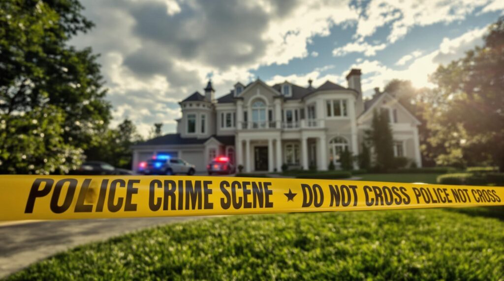 police in the driveway of a luxury home with yellow police crime scene tape symbolizing the charges against Tyler Bossetti