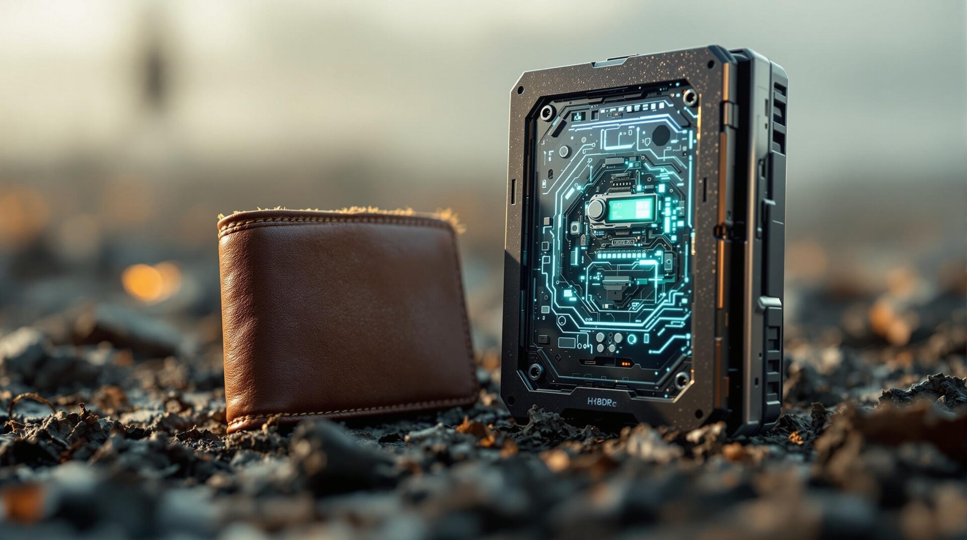 a leather wallet and an AI device on a ravaged battlefield