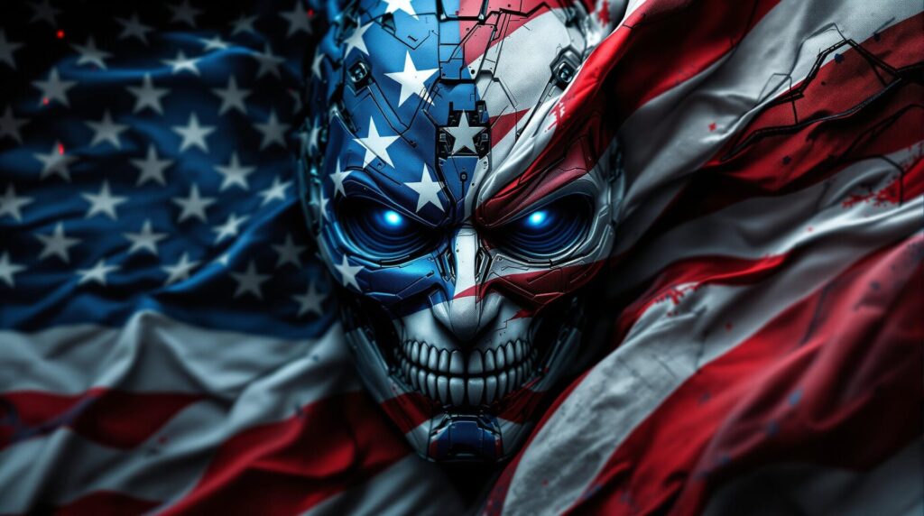 an evil AI robot intertwined with the American flag waiting to wage war on humankind