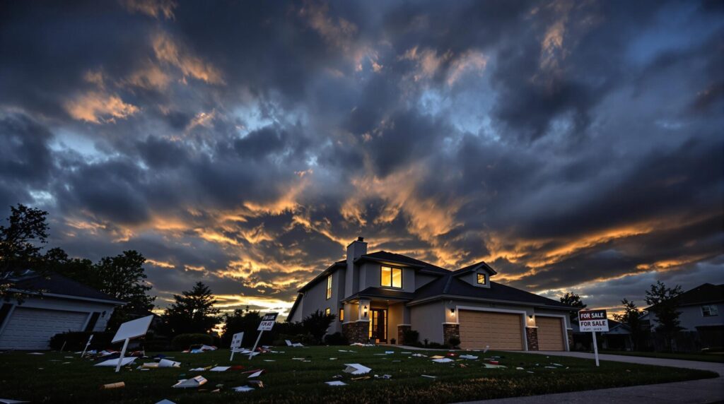 a residential home under an ominously gloomy sky after being ravaged by real estate fraud and lawsuits