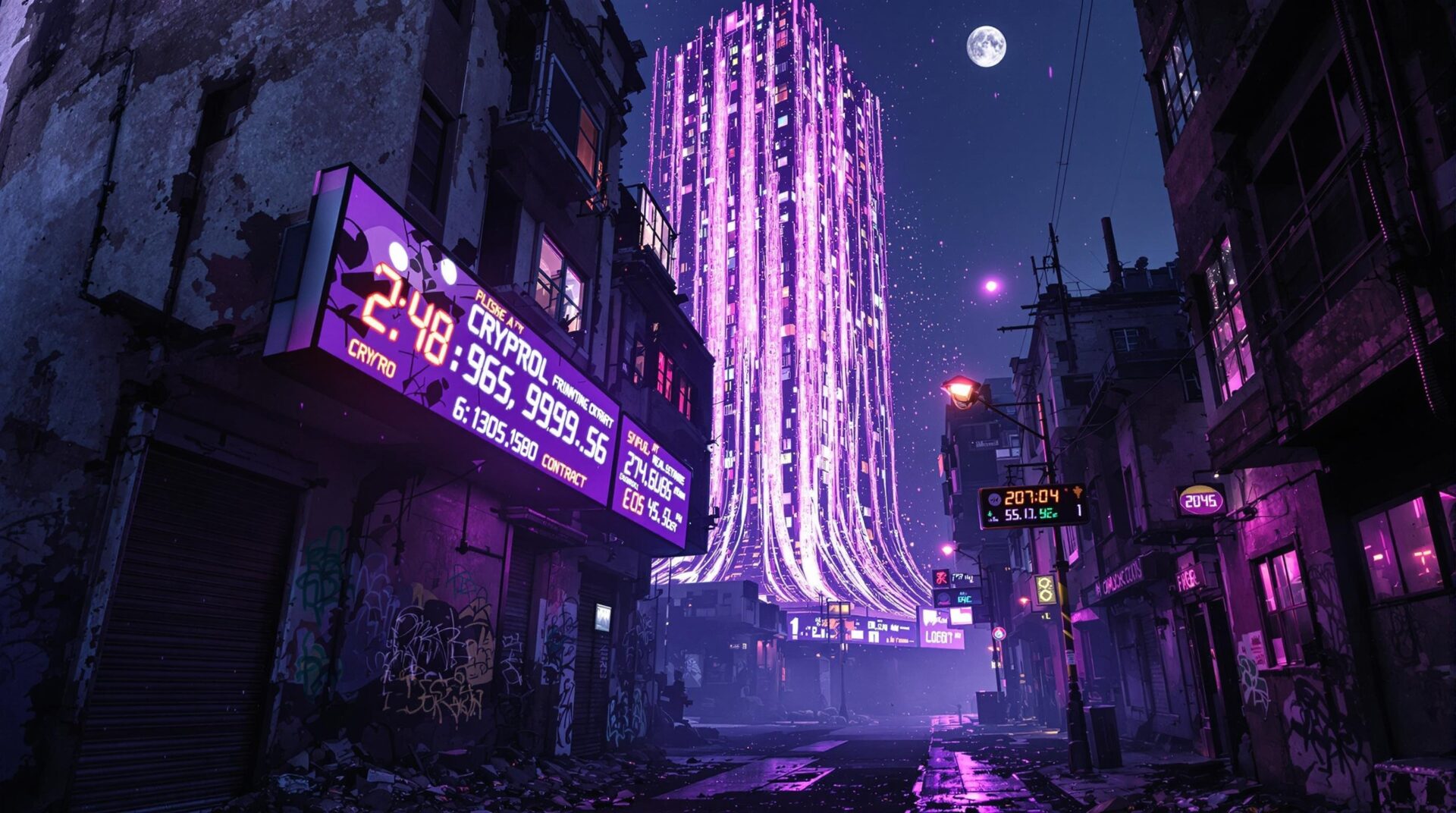 a neon city of real estate crypto scams