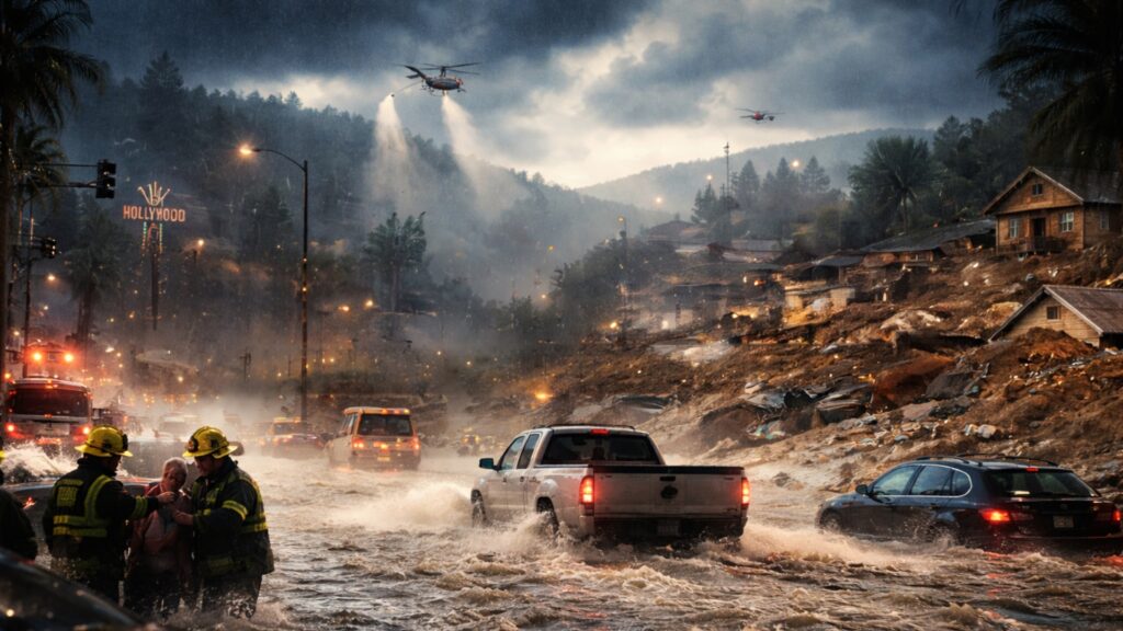 Floodwaters surge through Southern California neighborhoods during the wettest Christmas ever, revealing the fragile line between housing stability and climate chaos.