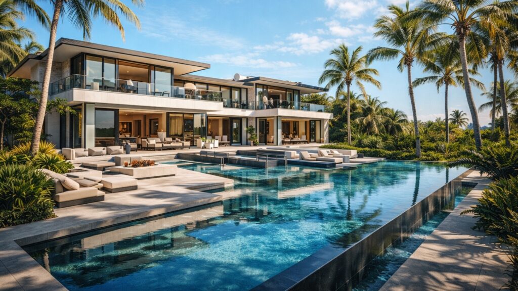 A modern tropical estate with expansive glass walls and resort-style pool, reflecting how high-income earners convert peak income into long-term ownership and lifestyle stability.
