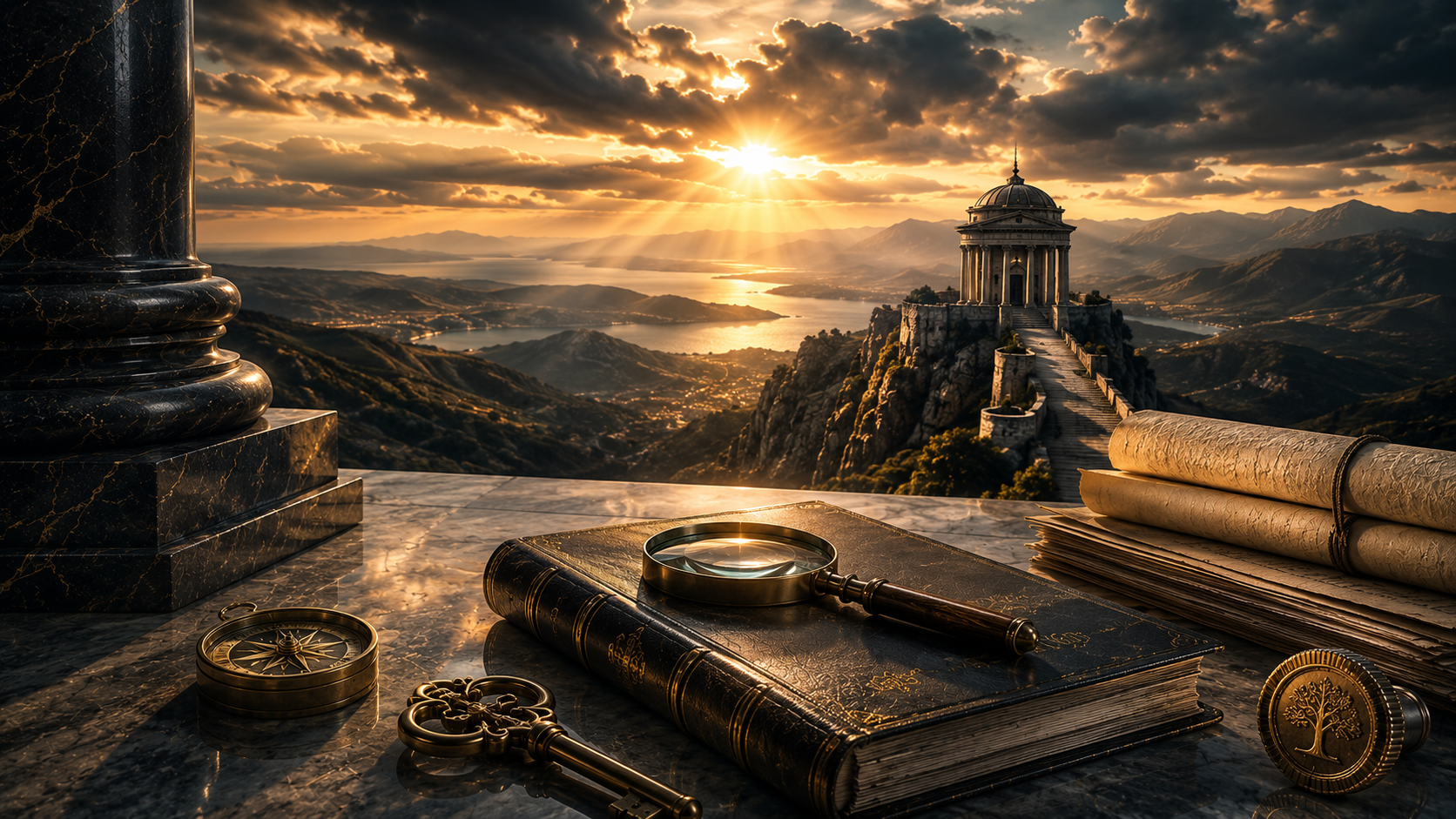 Golden hour over marble terrace vista