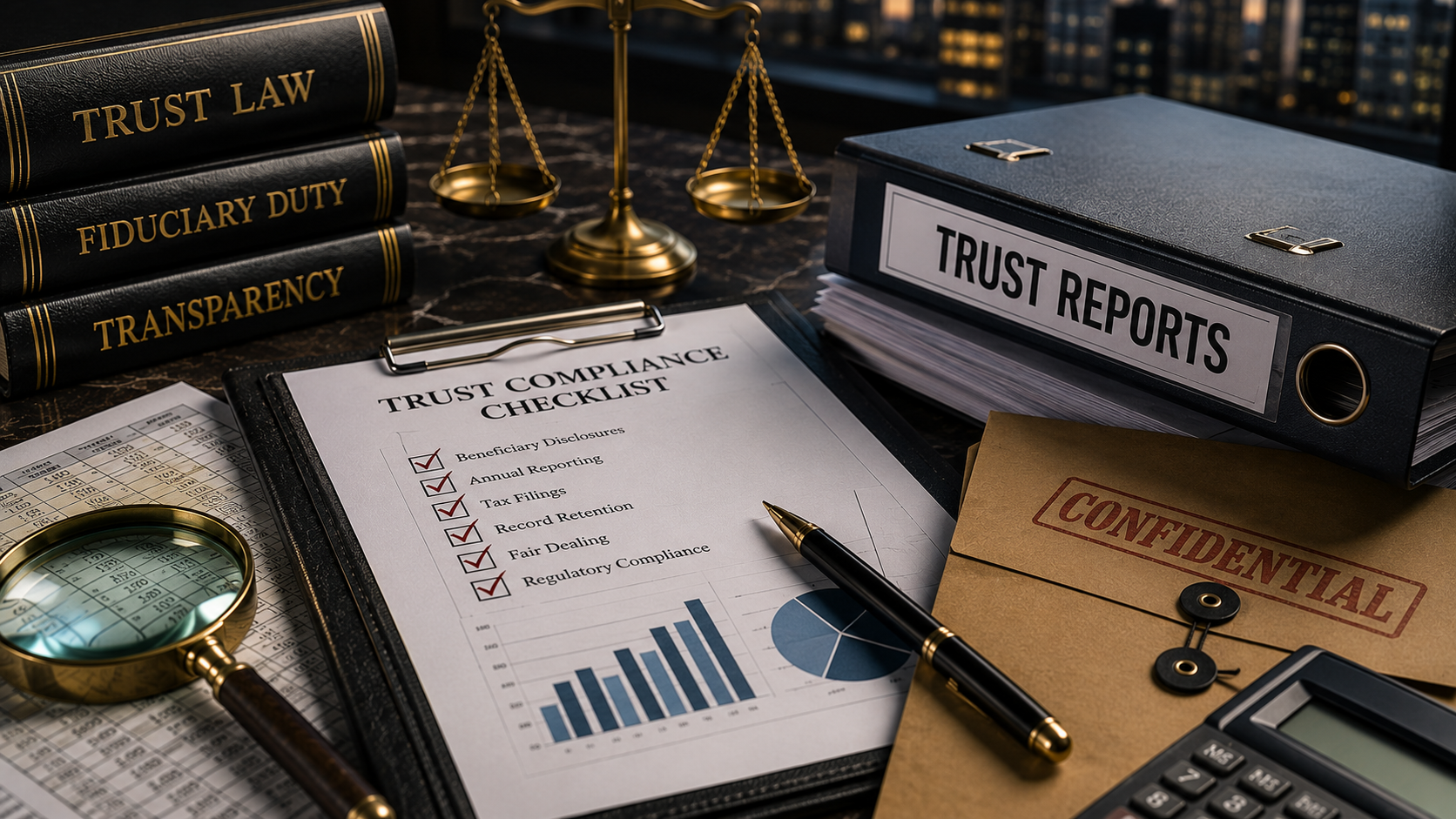Trust compliance workspace at dusk