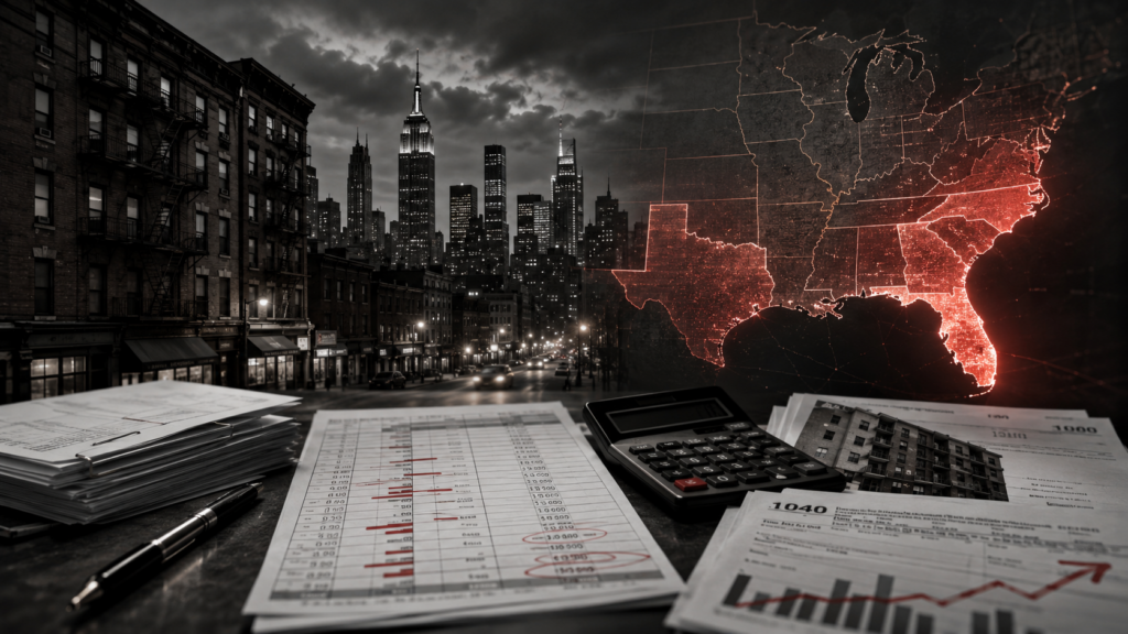 A viral New York exodus claim falls apart as NYC landlords face real cash-flow pressure from taxpayer migration, weak business formation, and rent-freeze policy.