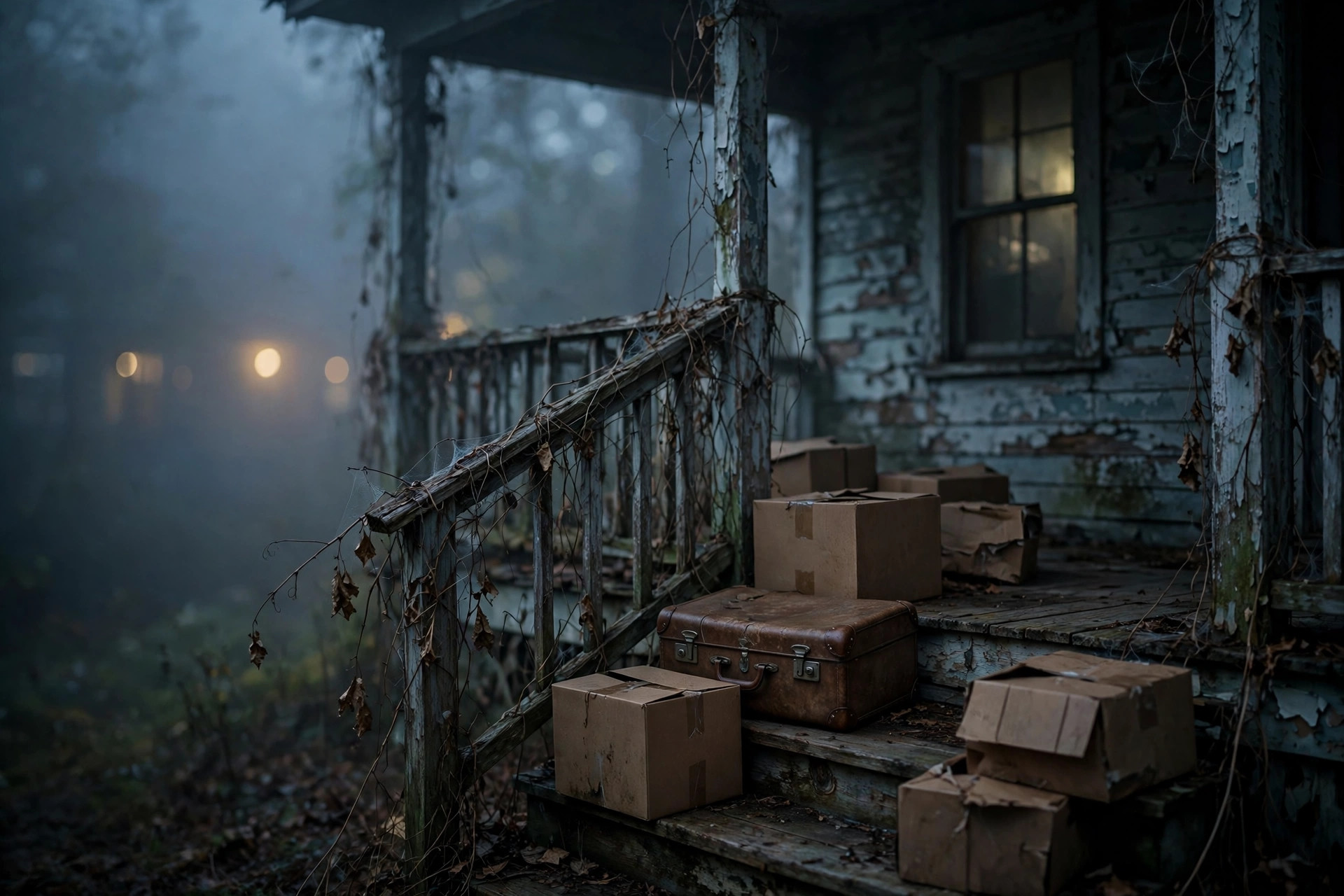 True Horrors of Real Estate Investing: The Squatter Who Wouldn't Die 1 Moving boxes and a suitcase abandoned on the porch of a decaying rental house in fog