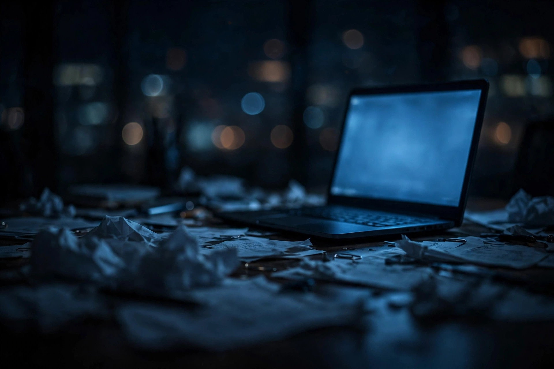 True Horrors of Real Estate Investing: The Wire That Vanished 2 A dark desk at night lit by a laptop glow, paperwork in shadow